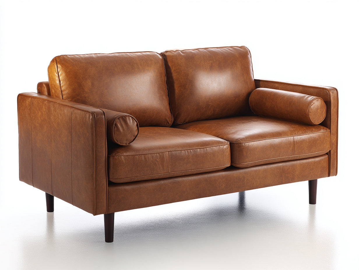 Canapé 2 places-Cuir-Bois-174x87x81 cm-Marron cognac-Style vintage