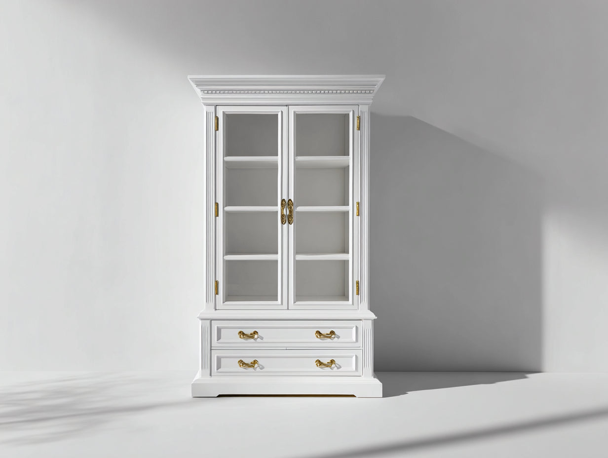 Vitrine-Bois-Verre-105x42x198 cm-Blanc-Doré-Style classique