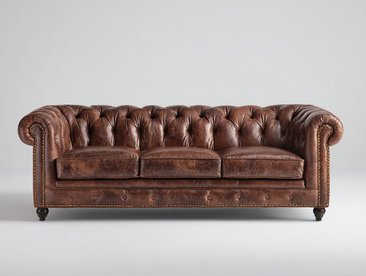 Canapé 3 places - cuir - 218x102x92 cm - brun - Chesterfield vintage luxe capitonné