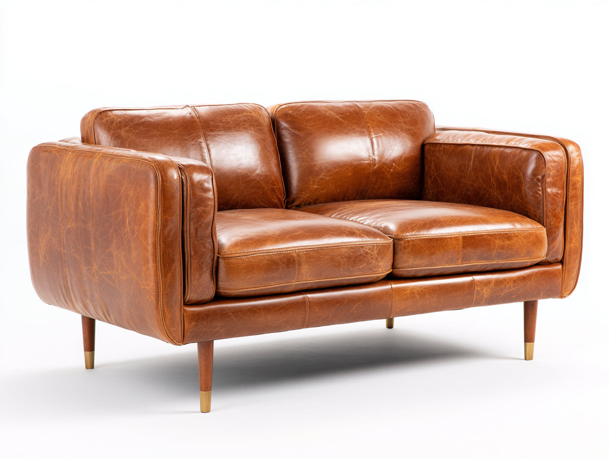 Canapé 2 places-Cuir-Bois-168x90x82 cm-Marron cognac-Style vintage
