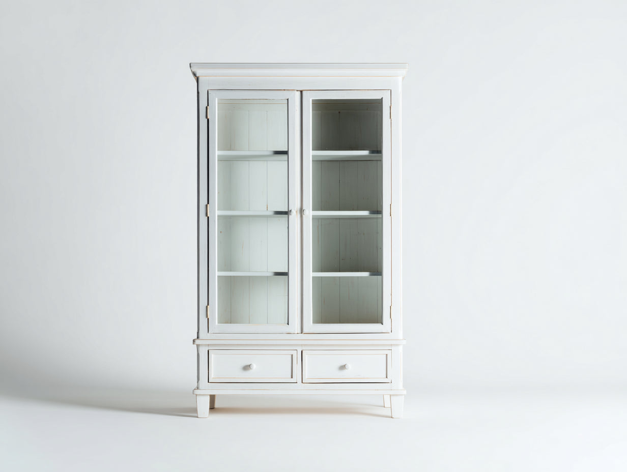 Vitrine-Bois-Verre-112x42x186 cm-Blanc vieilli-Style campagne