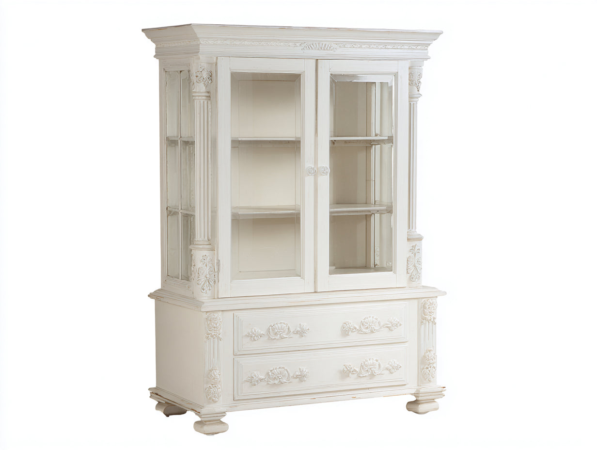 Vitrine-Bois-Verre-124x45x203 cm-Blanc vieilli-Style classique