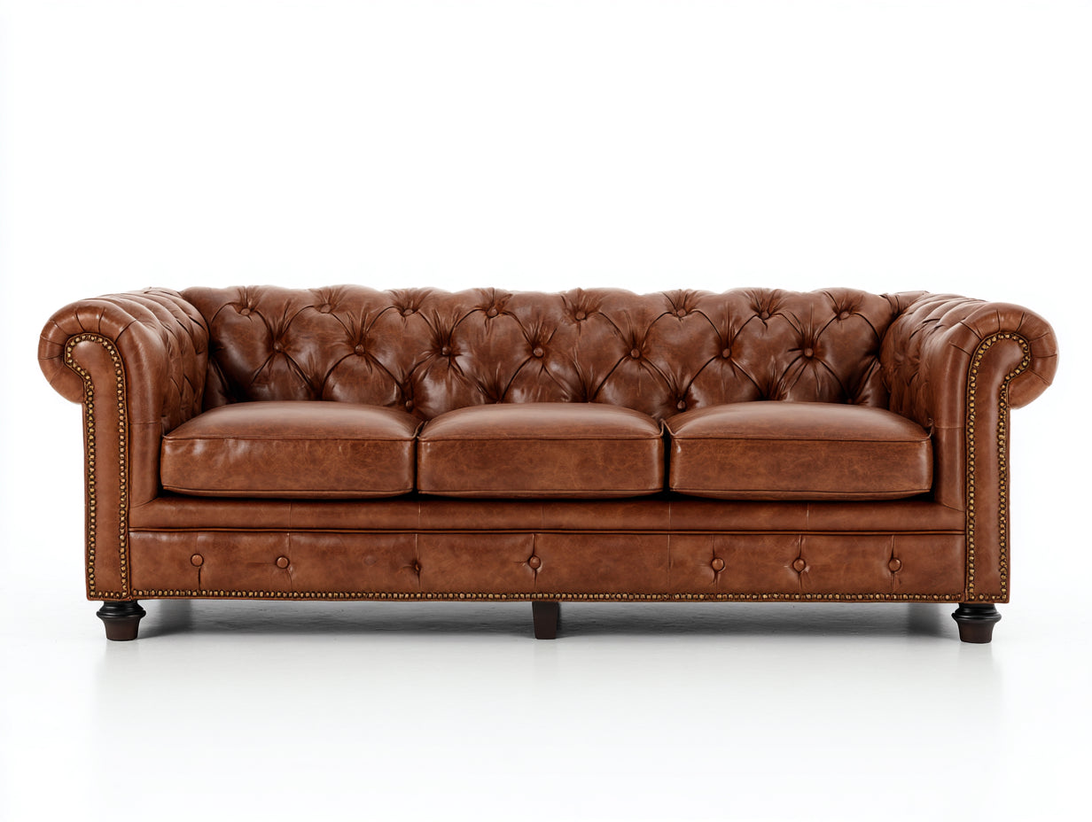 Canapé 3 places - cuir - 214x100x92 cm - brun - Chesterfield vintage capitonné luxe