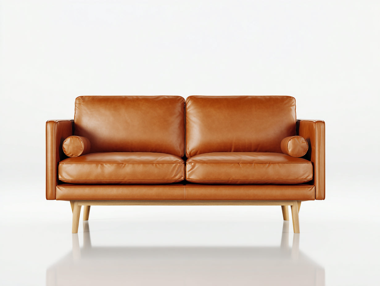 Canapé 2 places-Cuir-Bois-162x84x79 cm-Marron miel-Style scandinave