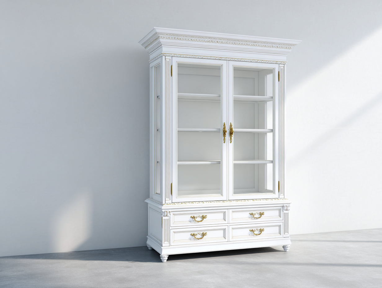 Vitrine-Bois-Verre-132x47x214 cm-Blanc-Doré-Style classique