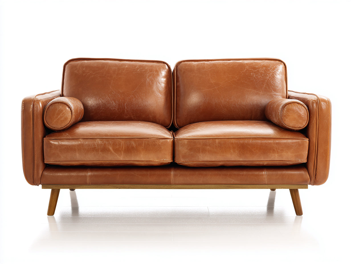 Canapé 2 places-Cuir-Bois-168x88x82 cm-Marron cognac-Style vintage