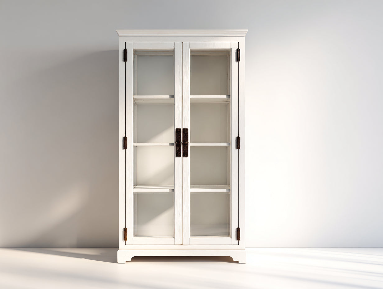 Vitrine-Bois-Verre-108x41x184 cm-Blanc cassé-Style rustique