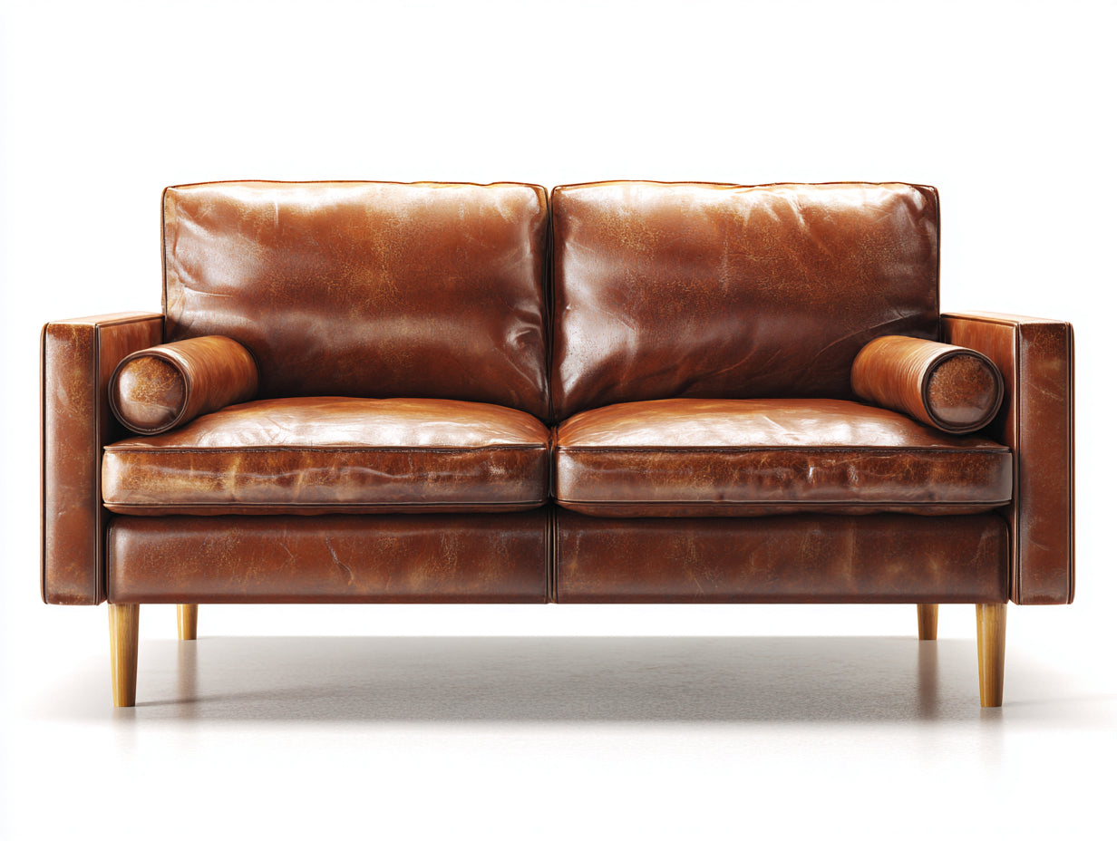 Canapé 2 places-Cuir-Bois-172x90x83 cm-Marron acajou-Style vintage