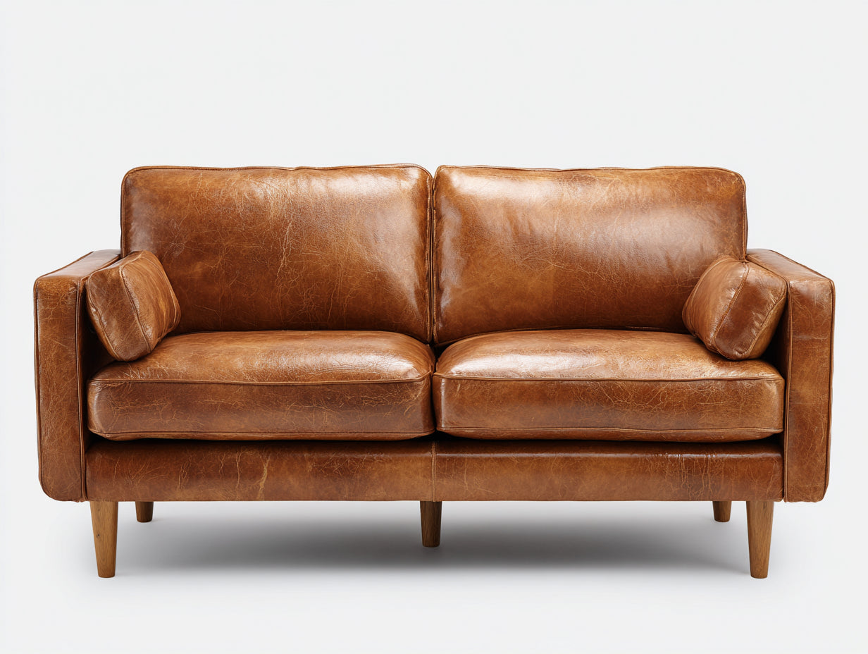 Canapé 2 places-Cuir-Bois-170x89x81 cm-Marron miel-Style rétro