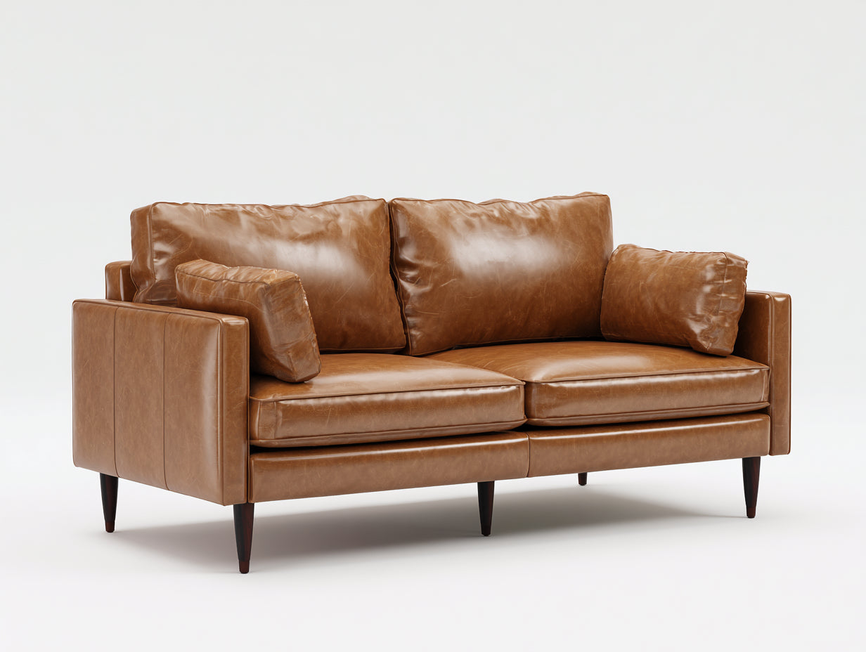 Canapé 2 places-Cuir-Bois-176x88x82 cm-Marron camel-Style contemporain