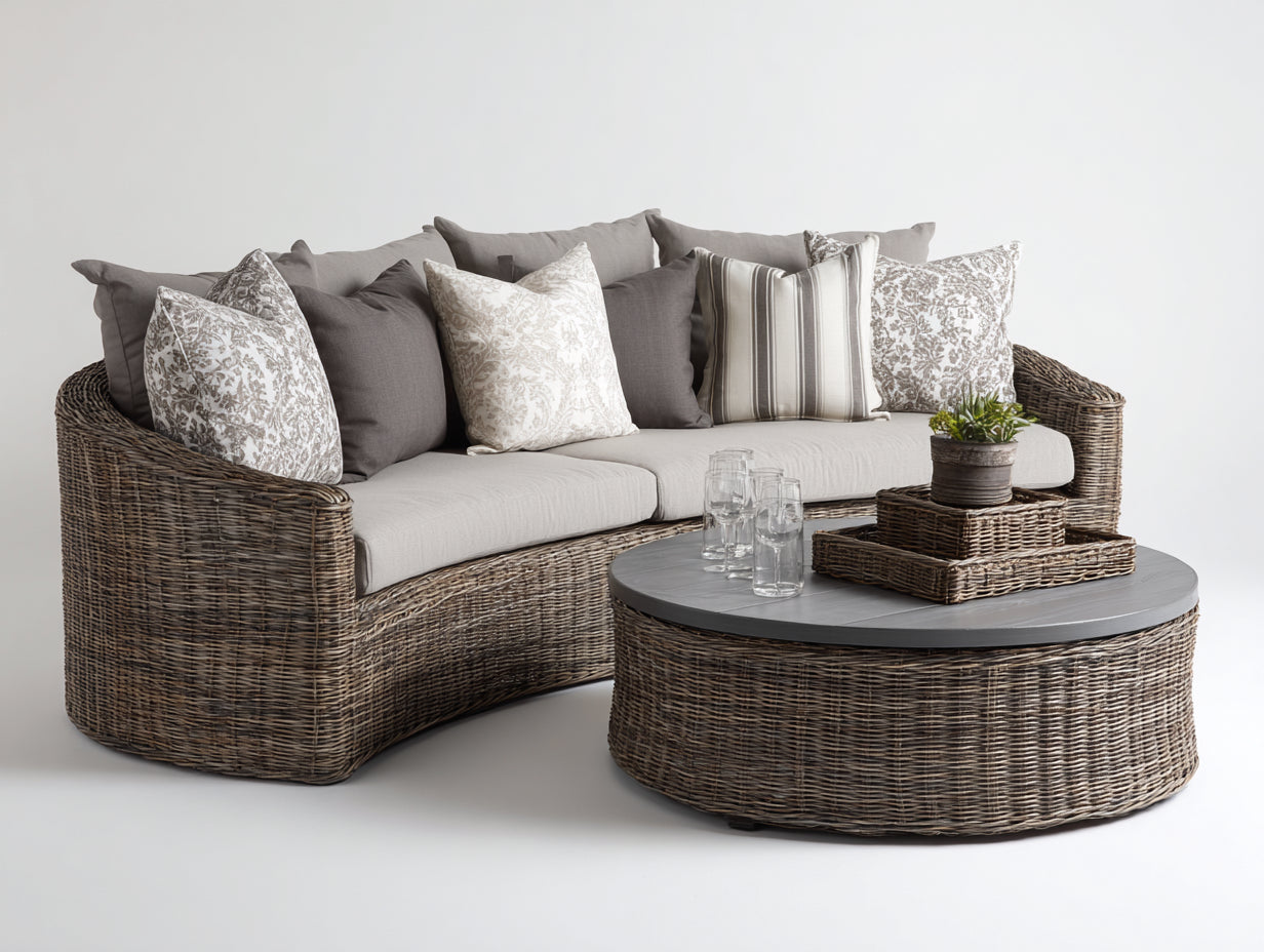 Canapé de jardin-Résine tressée-Tissu-220x95x82cm-Gris clair-Naturel-Design contemporain