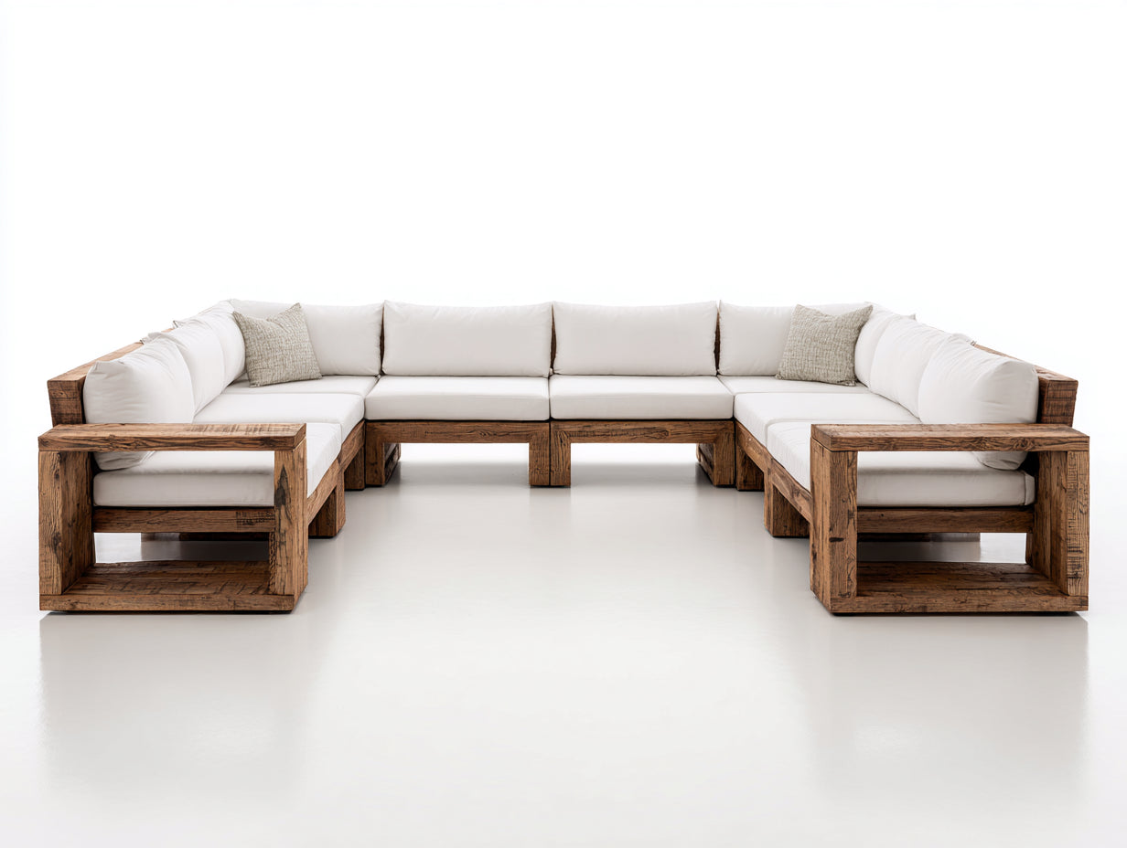 Canapé de jardin-Bois-Tissu-360x280x76cm-Blanc cassé-Bois naturel-Design contemporain