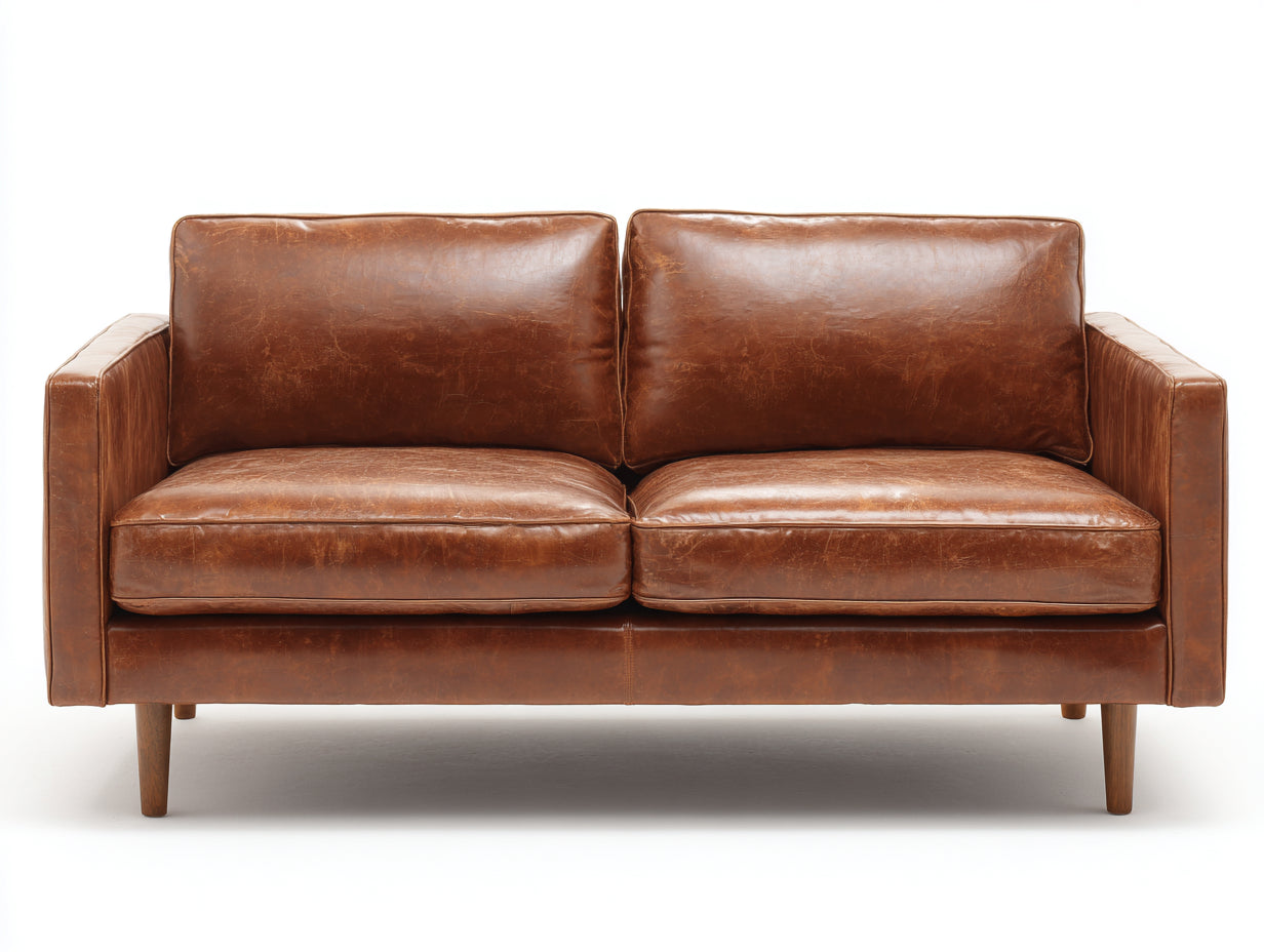 Canapé 2 places-Cuir-Bois-164x86x78 cm-Marron tabac-Style moderne