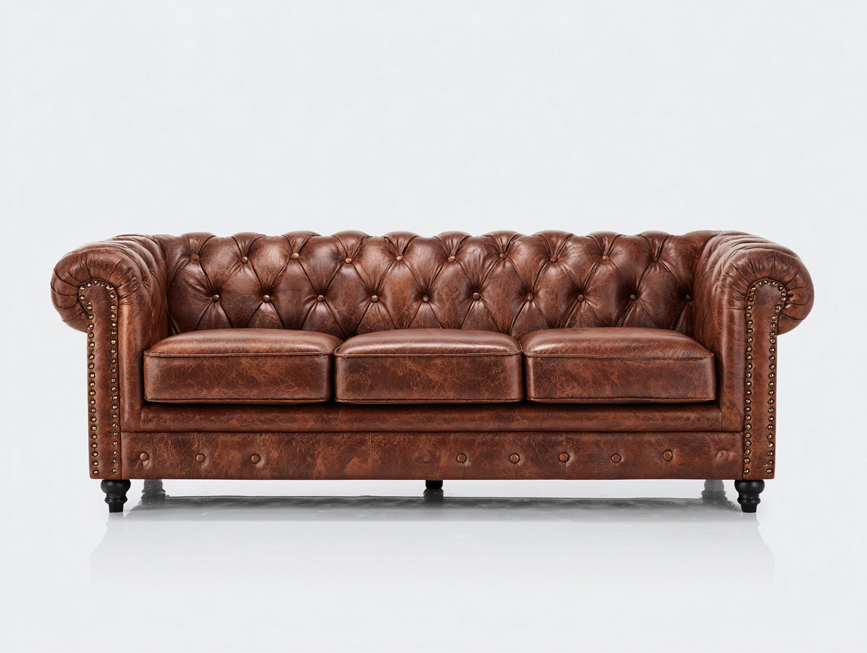 Canapé 3 places - cuir - 210x98x90 cm - brun - Chesterfield vintage capitonné élégant