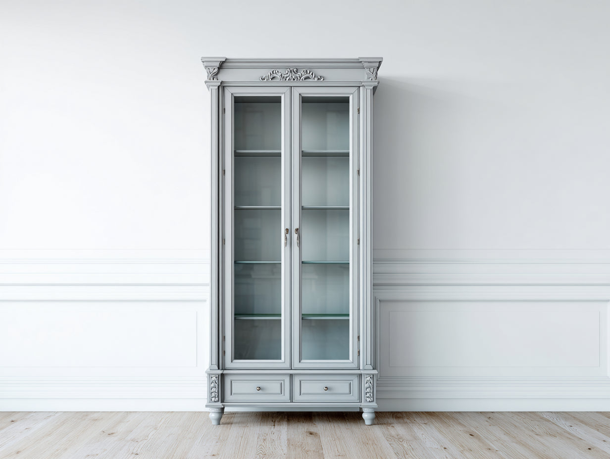 Vitrine-Bois-Verre-92x39x188 cm-Gris clair-Style classique