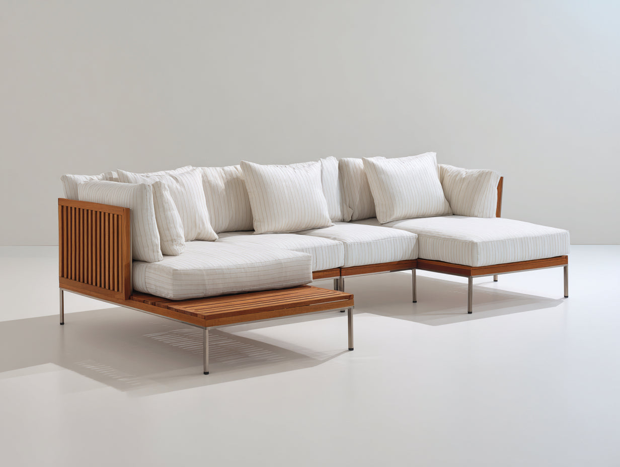 Canapé de jardin-Bois-Tissu-Métal-285x215x74cm-Blanc cassé-Bois naturel-Design contemporain